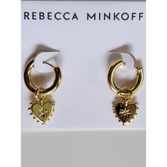 ❤️✨ REBECCA MINKOFF Gold Metal Studded Heart Huggie Hoop Earrings NEW WITH TAGS - Picture 13 of 16